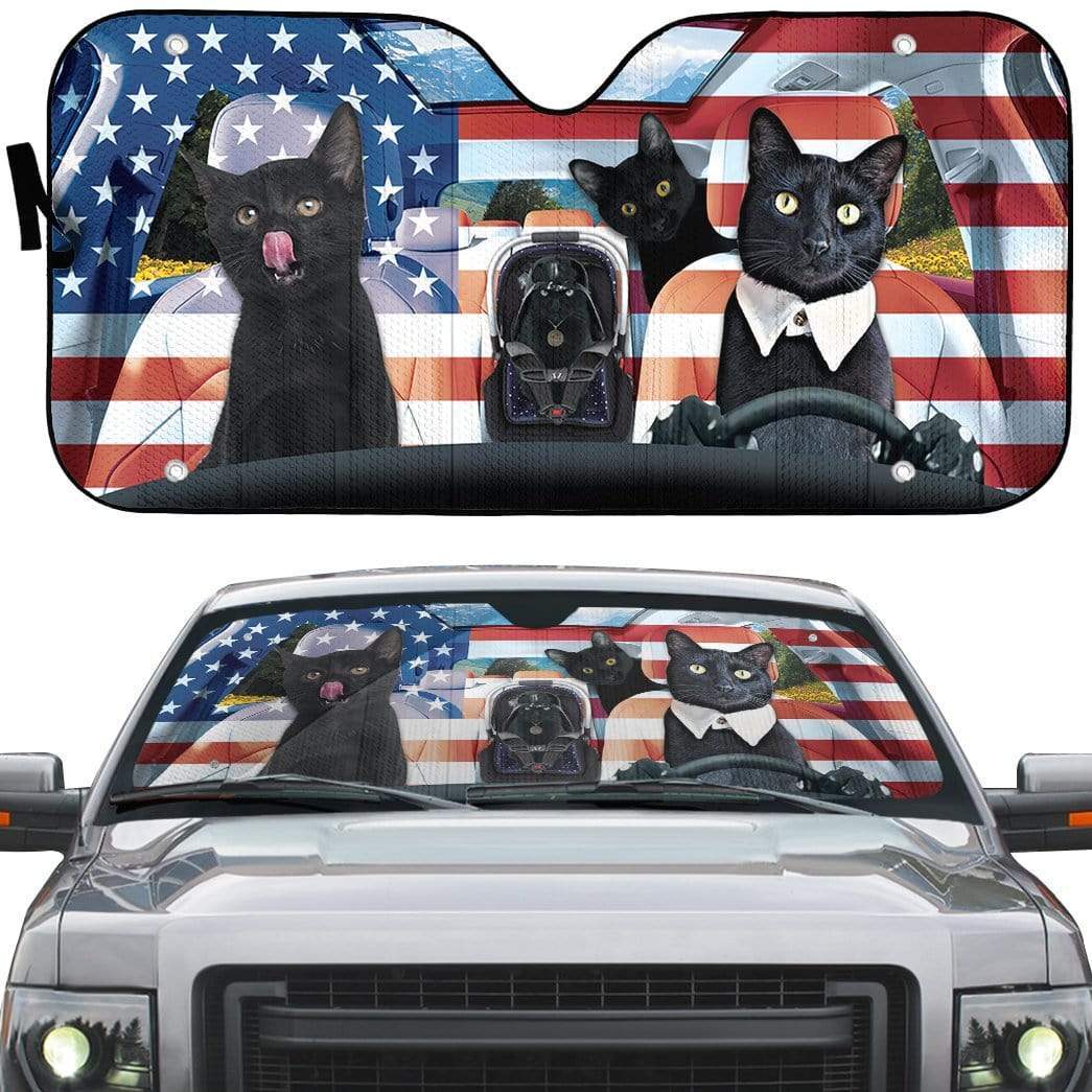 Gearhumans 3D Black Cat Family America Custom Car Auto Sunshade