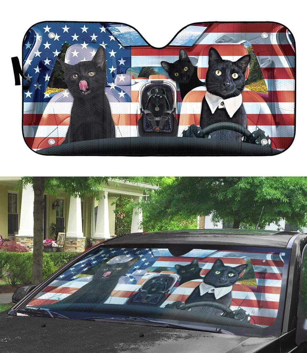 Gearhumans 3D Black Cat Family America Custom Car Auto Sunshade