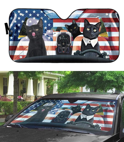 Gearhumans 3D Black Cat Family America Custom Car Auto Sunshade