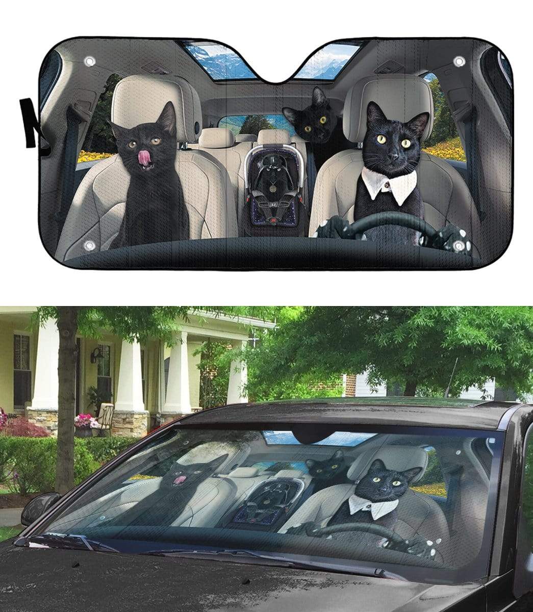 Gearhumans 3D Black Cat Family Custom Car Auto Sunshade
