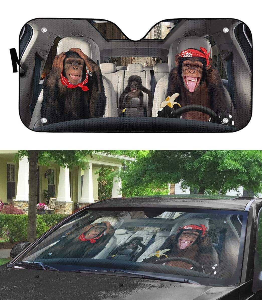 Gearhumans 3D Chimpanzee Family Custom Car Auto Sunshade