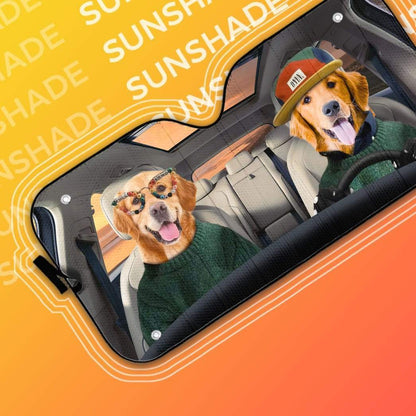 Gearhumans 3D Cool Couple Golden Retrievers Custom Car Auto Sunshade