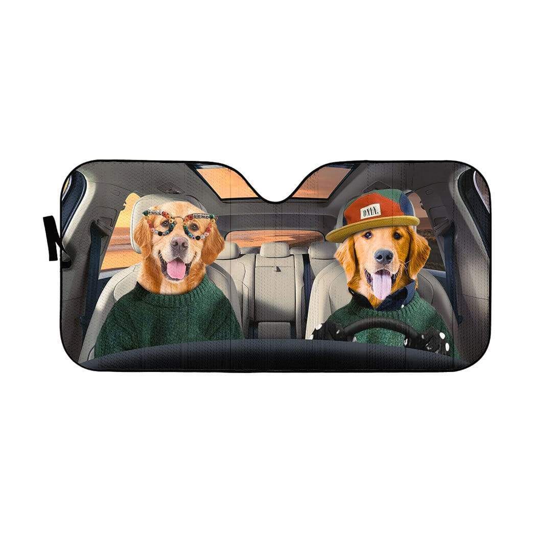 Gearhumans 3D Cool Couple Golden Retrievers Custom Car Auto Sunshade