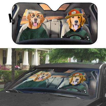 Gearhumans 3D Cool Couple Golden Retrievers Custom Car Auto Sunshade