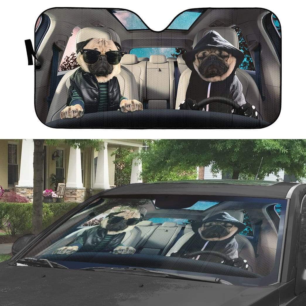 Gearhumans 3D Cool Pug Couple Dogs Custom Car Auto Sunshade