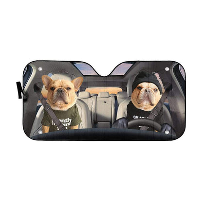 Gearhumans 3D Couple Bulldogs In Car Custom Car Auto Sunshade