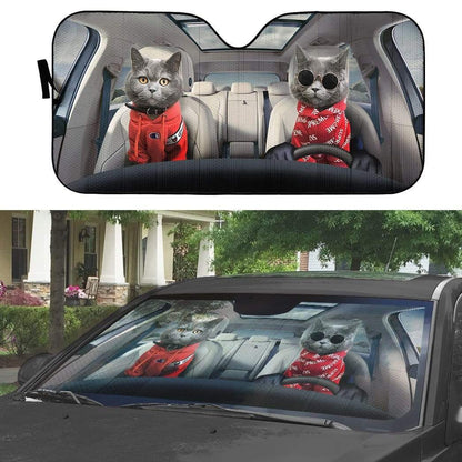 Gearhumans 3D Couple Chartreux Cats Custom Car Auto Sunshade