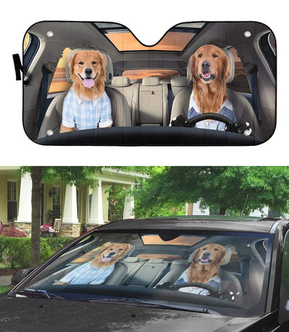 Gearhumans 3D Couple Friend Golden Retrievers Custom Car Auto Sunshade