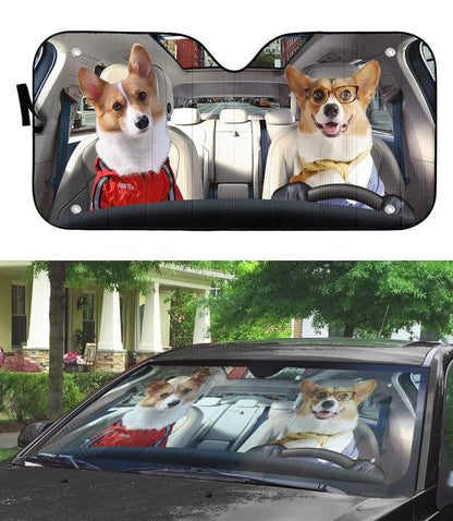 Gearhumans 3D Couple Friend Pembroke Welsh Corgi Dogs Custom Car Auto Sunshade