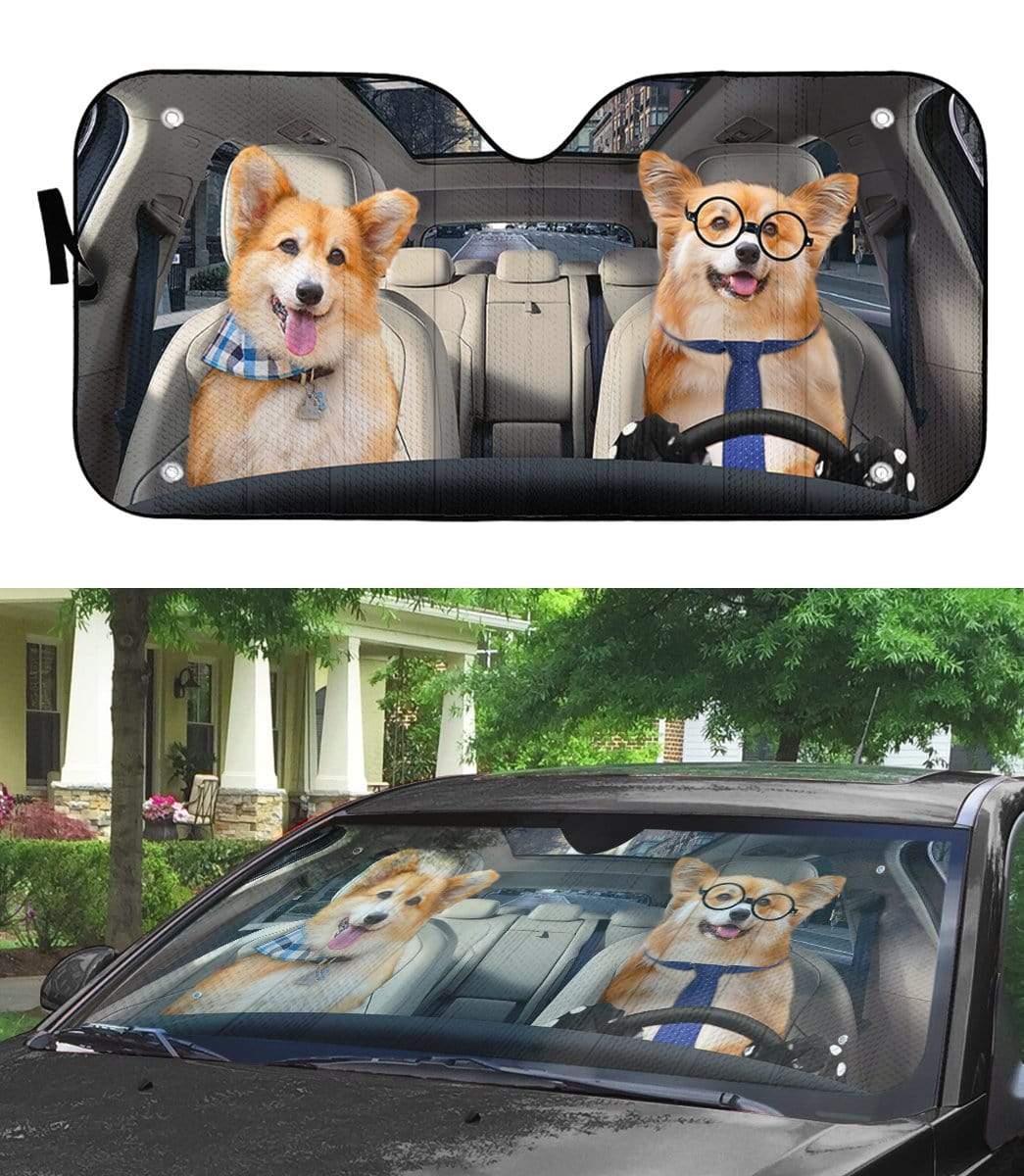 Gearhumans 3D Couple Pembroke Welsh Corgi Dogs Custom Car Auto Sunshade