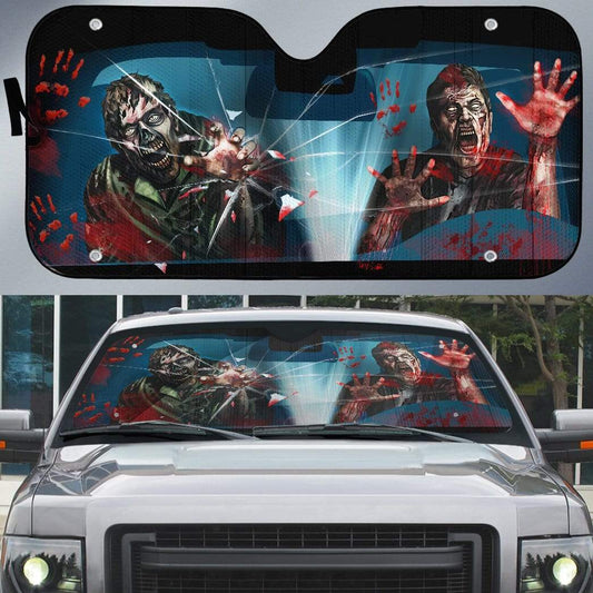 Zombie Car Sun Shade Scary Zombie Attack Graphic Winshield Sun Shade Black Red