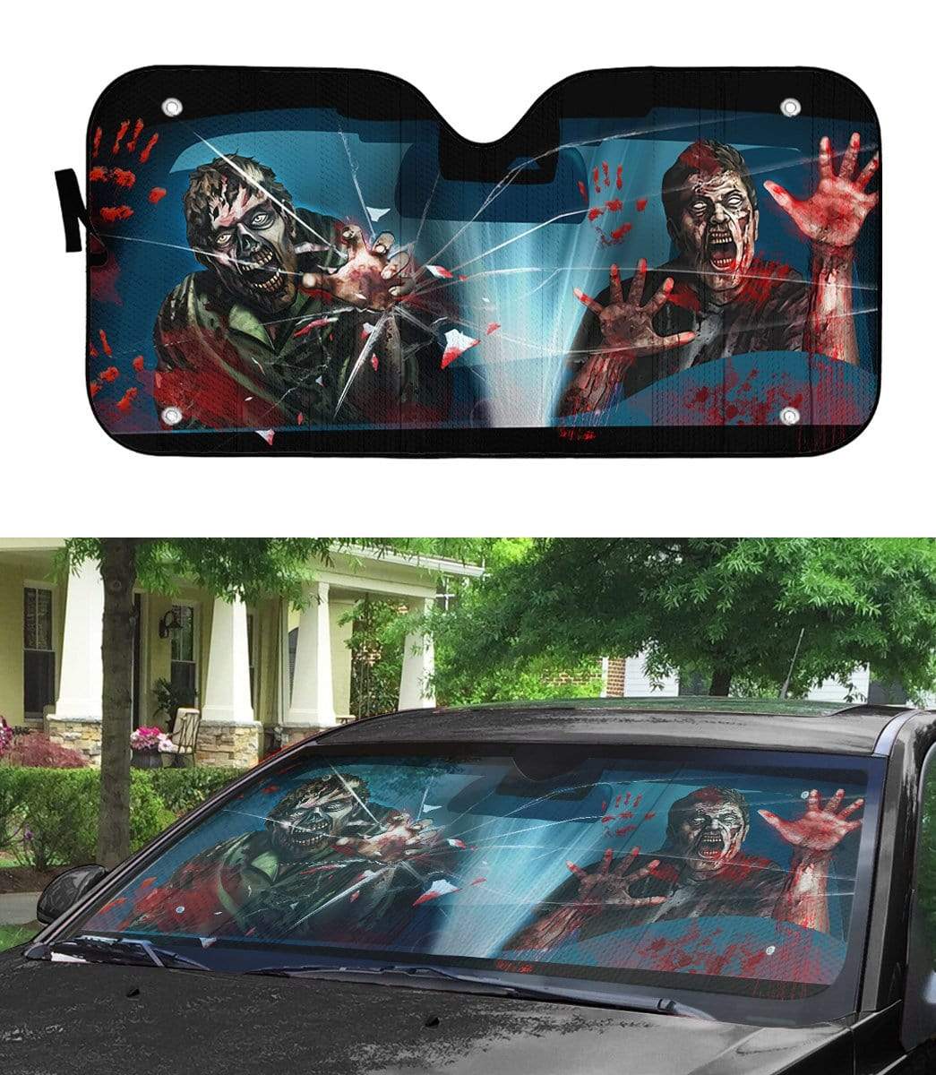 Zombie Car Sun Shade Scary Zombie Attack Graphic Winshield Sun Shade Black Red