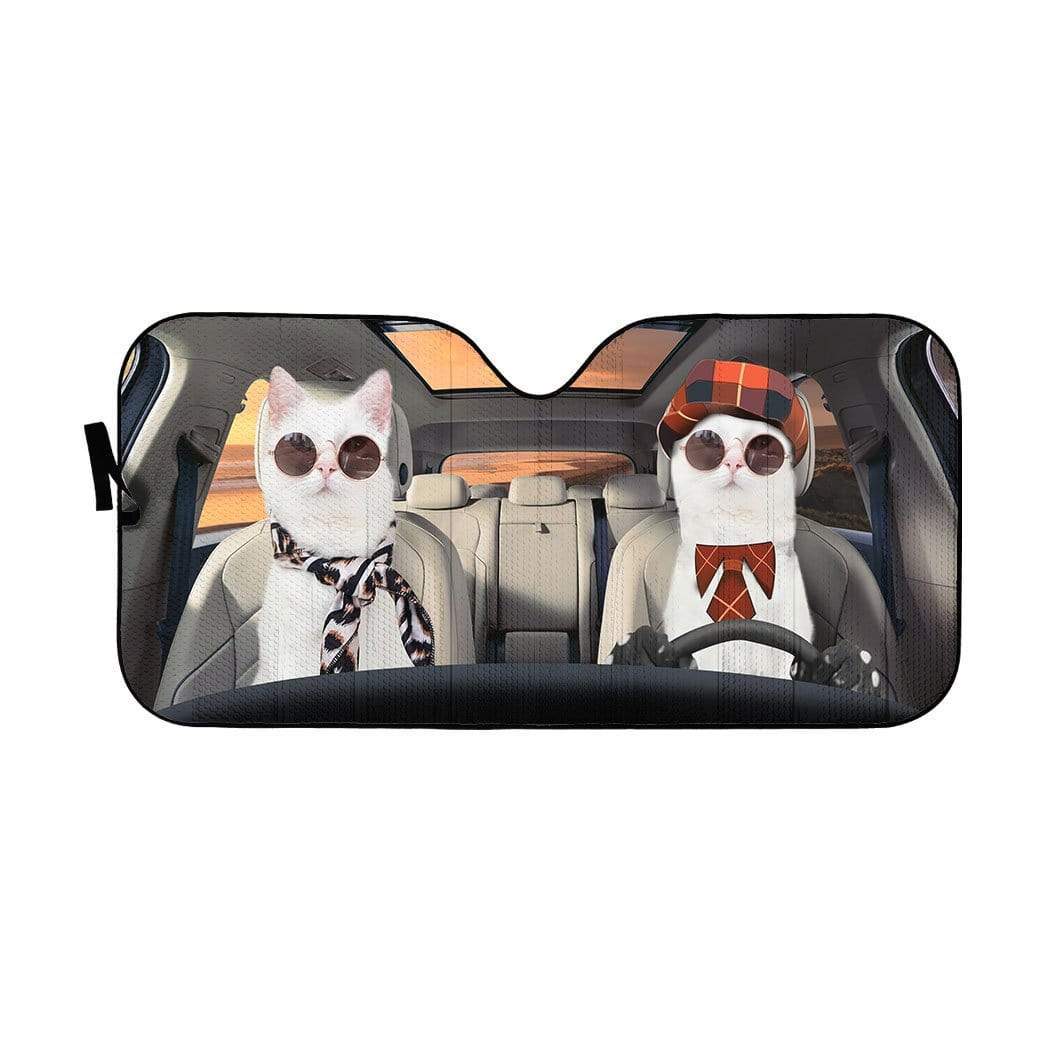 Gearhumans 3D Cute Couple White Cats Custom Car Auto Sunshade