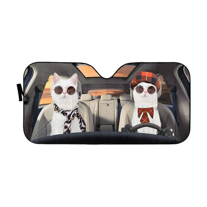 Gearhumans 3D Cute Couple White Cats Custom Car Auto Sunshade