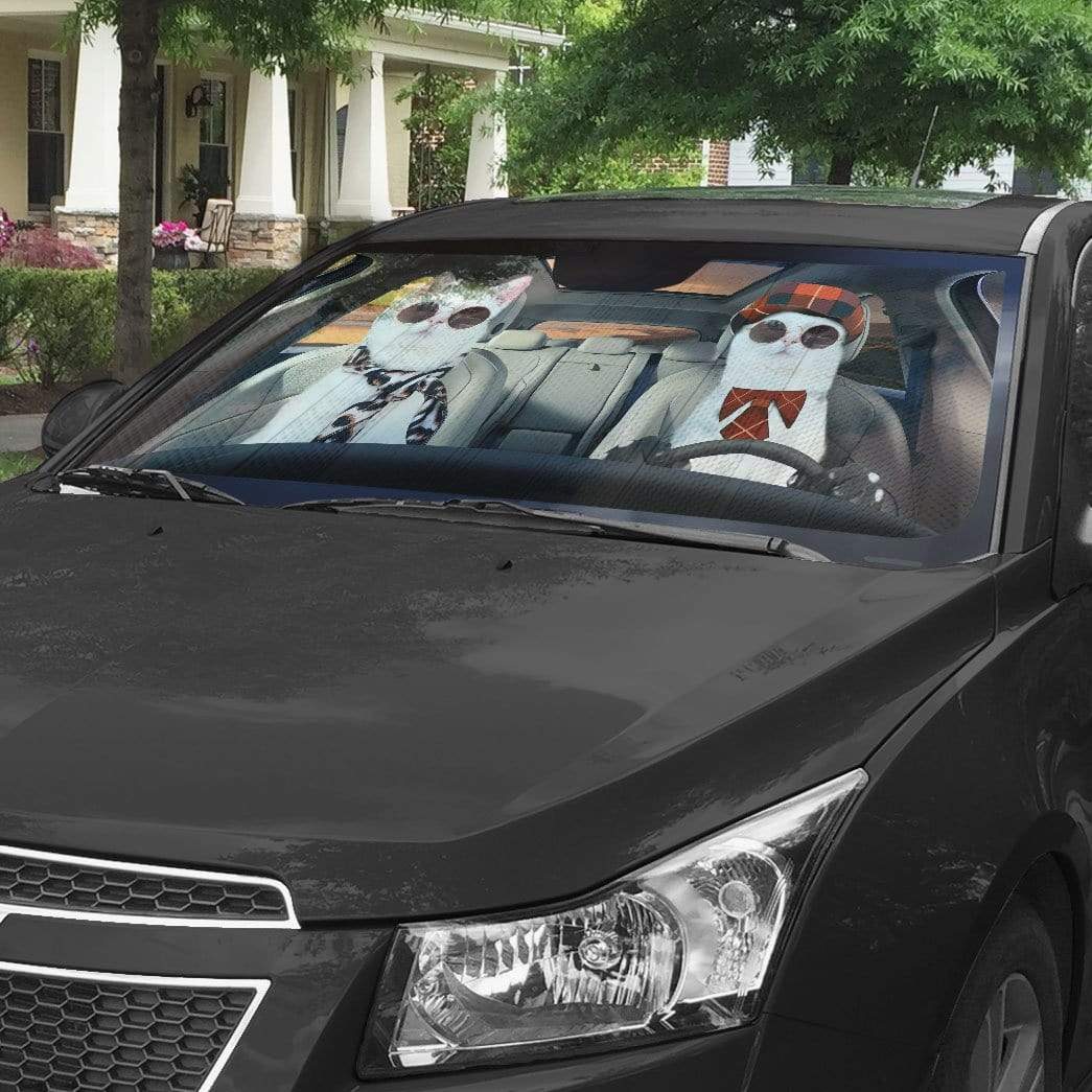 Gearhumans 3D Cute Couple White Cats Custom Car Auto Sunshade