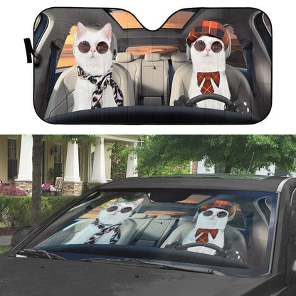 Gearhumans 3D Cute Couple White Cats Custom Car Auto Sunshade