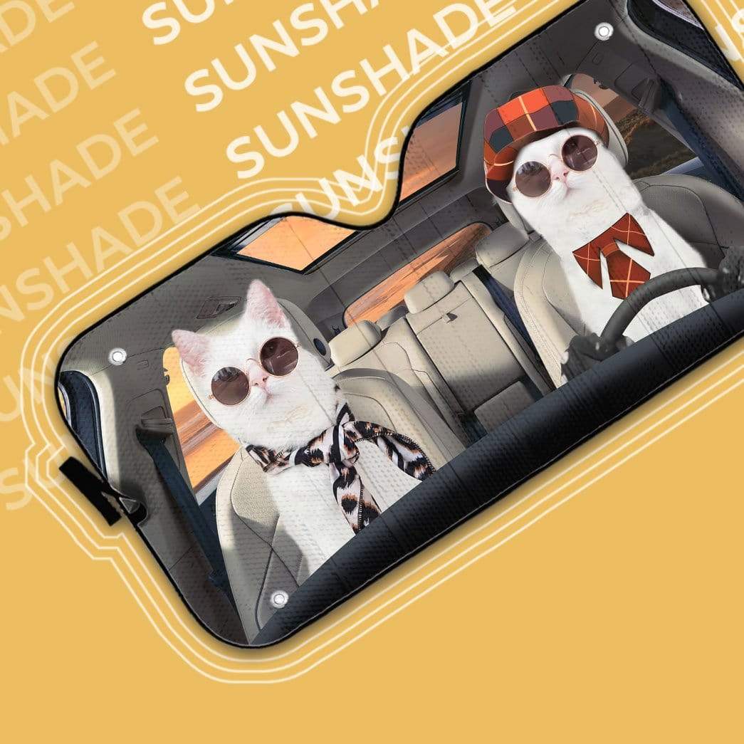 Gearhumans 3D Cute Couple White Cats Custom Car Auto Sunshade