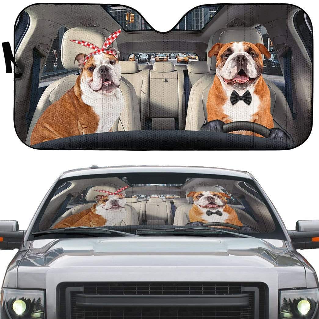 Gearhumans 3D English Bulldog Couple Custom Car Auto Sunshade