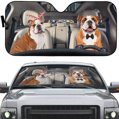 Gearhumans 3D English Bulldog Couple Custom Car Auto Sunshade