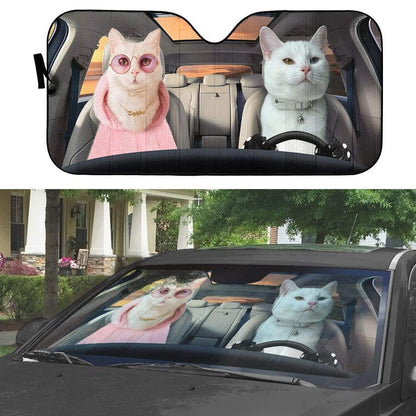 Gearhumans 3D Fashion Couple White Cats Custom Car Auto Sunshade