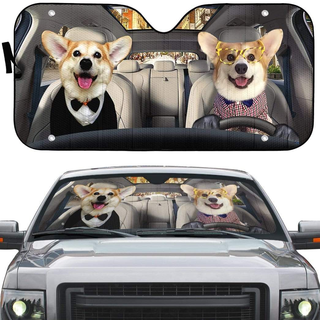 Gearhumans 3D Friend Couple Corgi Dogs In Car Custom Car Auto Sunshade