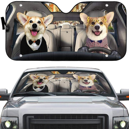 Gearhumans 3D Friend Couple Corgi Dogs In Car Custom Car Auto Sunshade