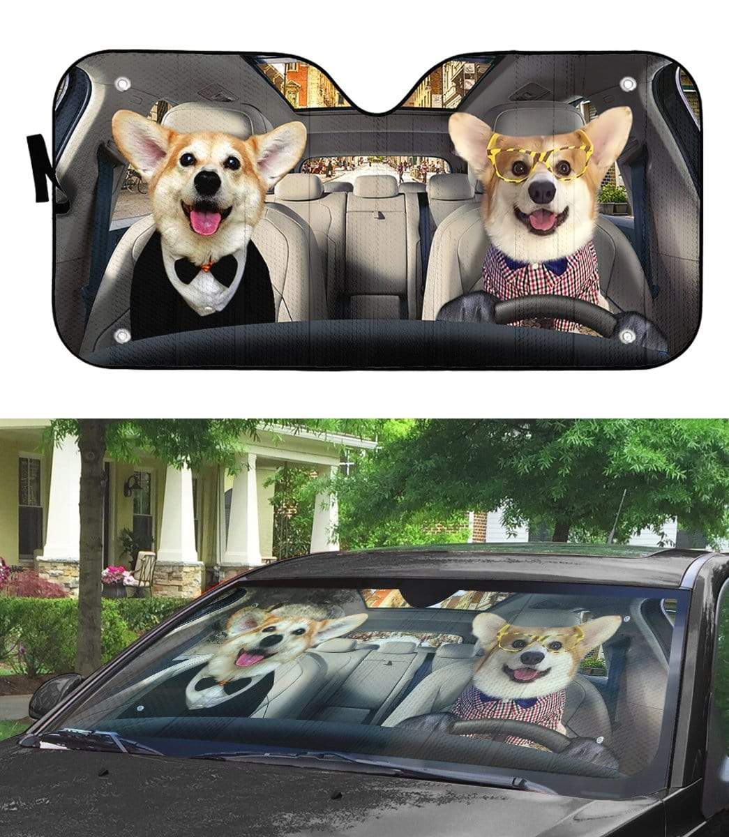 Gearhumans 3D Friend Couple Corgi Dogs In Car Custom Car Auto Sunshade