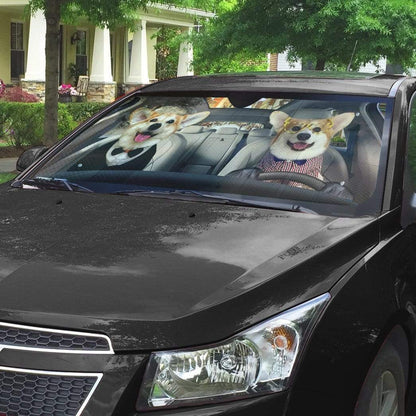 Gearhumans 3D Friend Couple Corgi Dogs In Car Custom Car Auto Sunshade