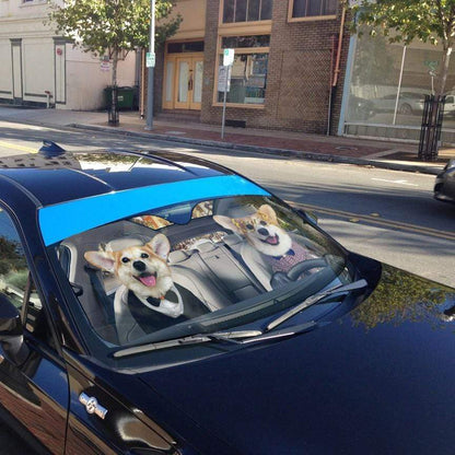 Gearhumans 3D Friend Couple Corgi Dogs In Car Custom Car Auto Sunshade