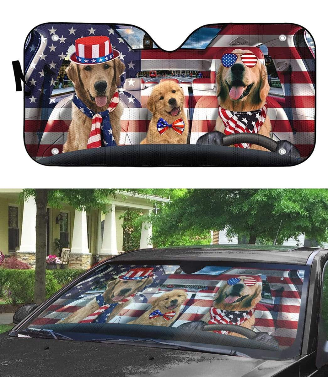 Gearhumans 3D Golden Retriever on Indepedence Day Custom Car Auto Sunshade