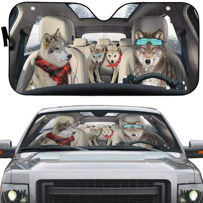 Gearhumans 3D Gray Wolf Family Custom Car Auto Sunshade