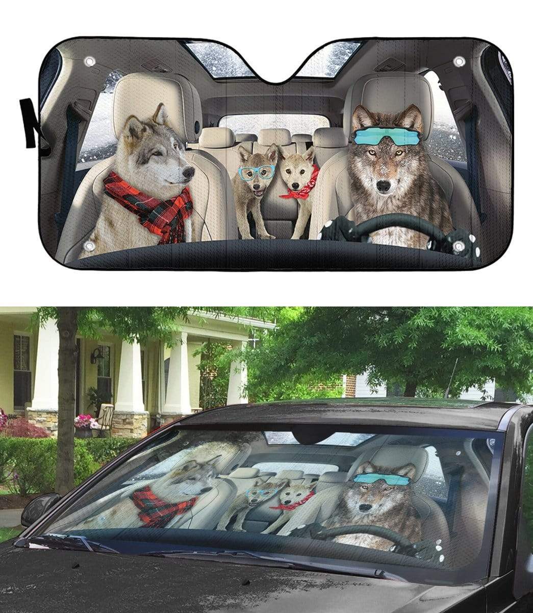 Gearhumans 3D Gray Wolf Family Custom Car Auto Sunshade