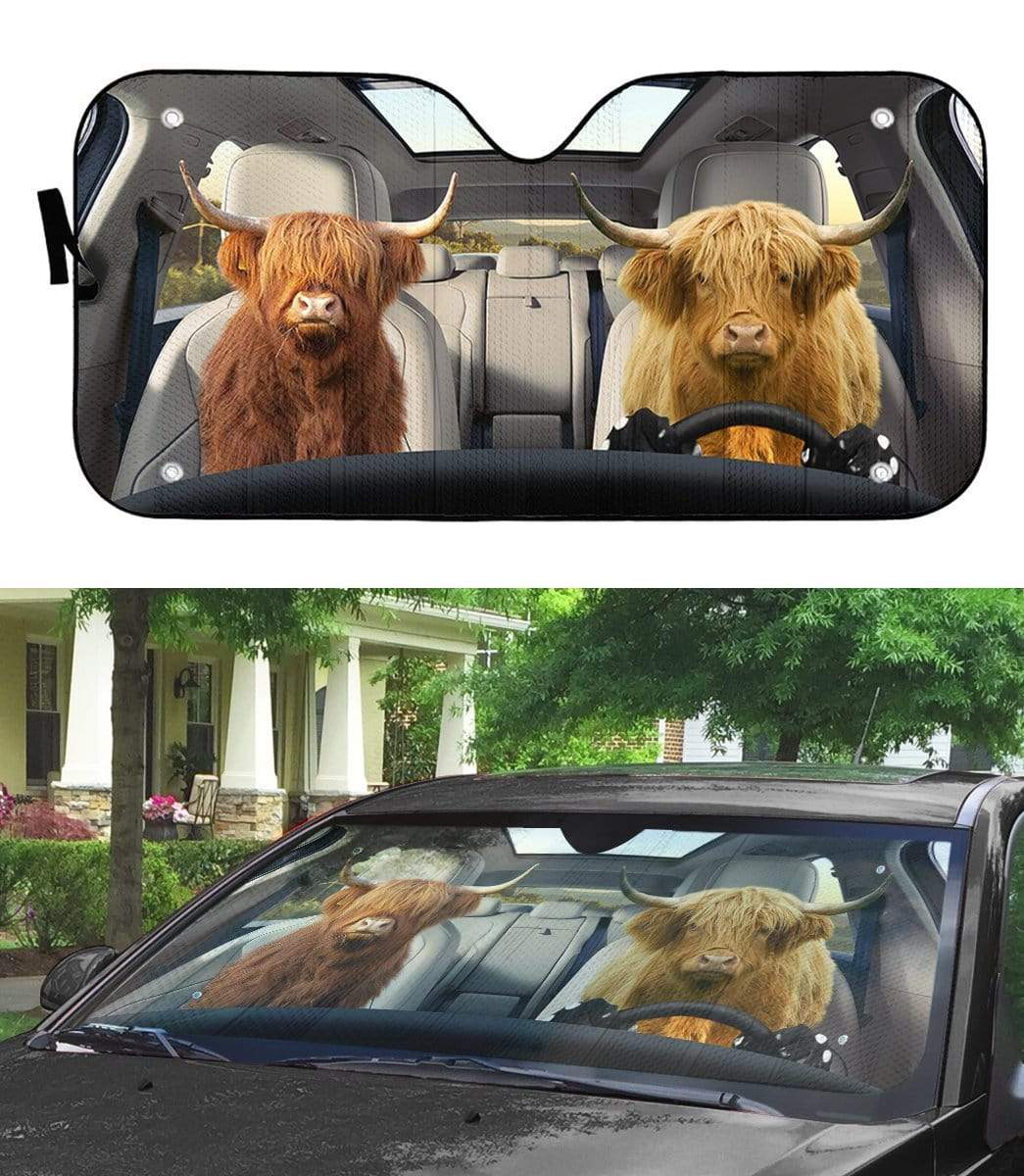 Gearhumans 3D Highland Cow Custom Car Auto Sunshade