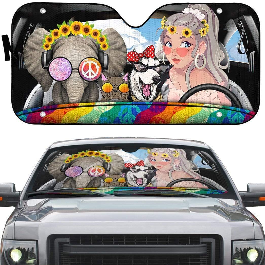 Hippie Car Sun Shade Hippie Girl Elephant Husky Dog Winshield Sun Shade Colorful