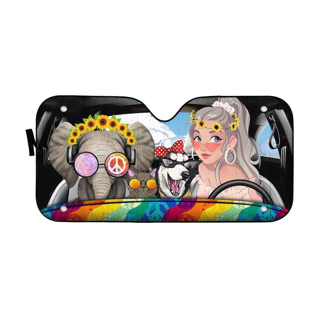 Hippie Car Sun Shade Hippie Girl Elephant Husky Dog Winshield Sun Shade Colorful