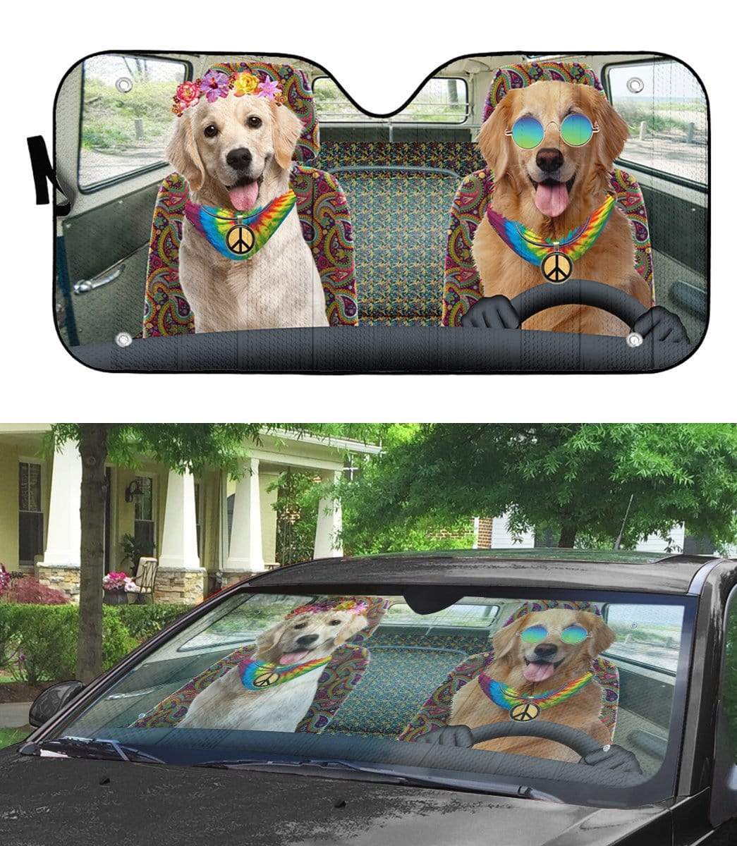 Gearhumans 3D Hippie Golden Retriever Custom Car Auto Sunshade