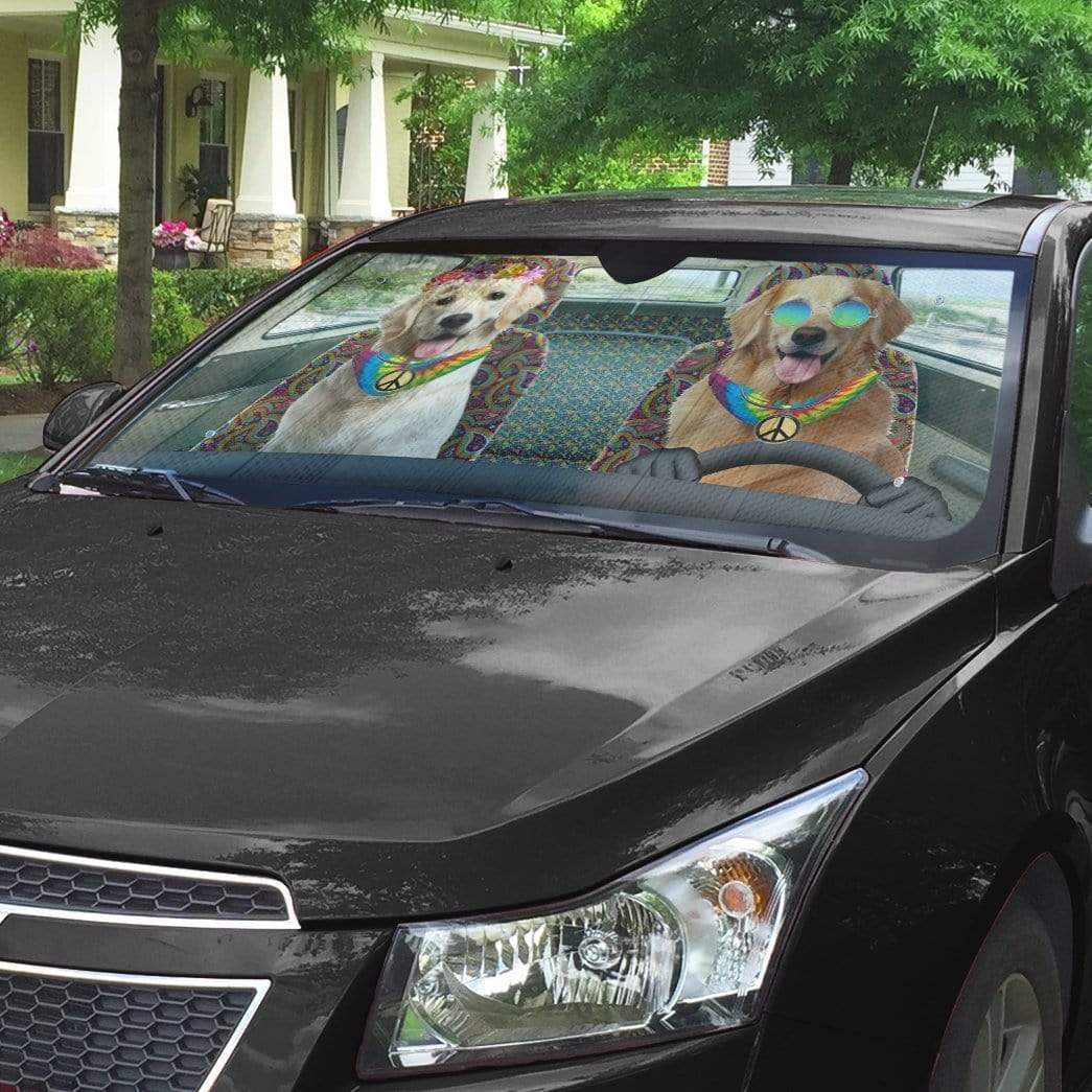 Gearhumans 3D Hippie Golden Retriever Custom Car Auto Sunshade