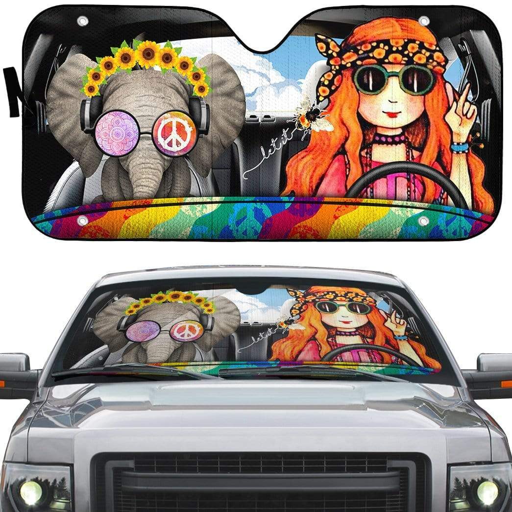 Hippie Car Sun Shade Hippie Vibe Girl Elephant Graphic Winshield Sun Shade Colorful