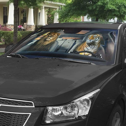 Gearhumans 3D Lion & Tiger Custom Car Auto Sunshade
