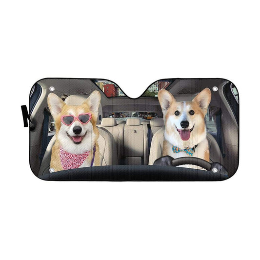 Gearhumans 3D Love Corgi Dogs In Car Custom Car Auto Sunshade