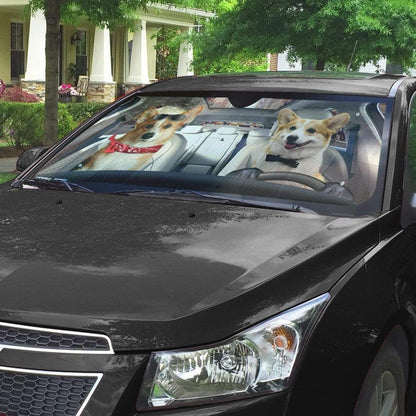 Gearhumans 3D Love Couple Pembroke Welsh Corgi Dogs Custom Car Auto Sunshade