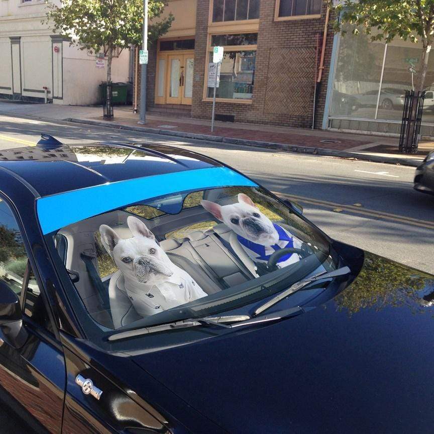Gearhumans 3D Love Couple White French Bulldog In Car Custom Car Auto Sunshade