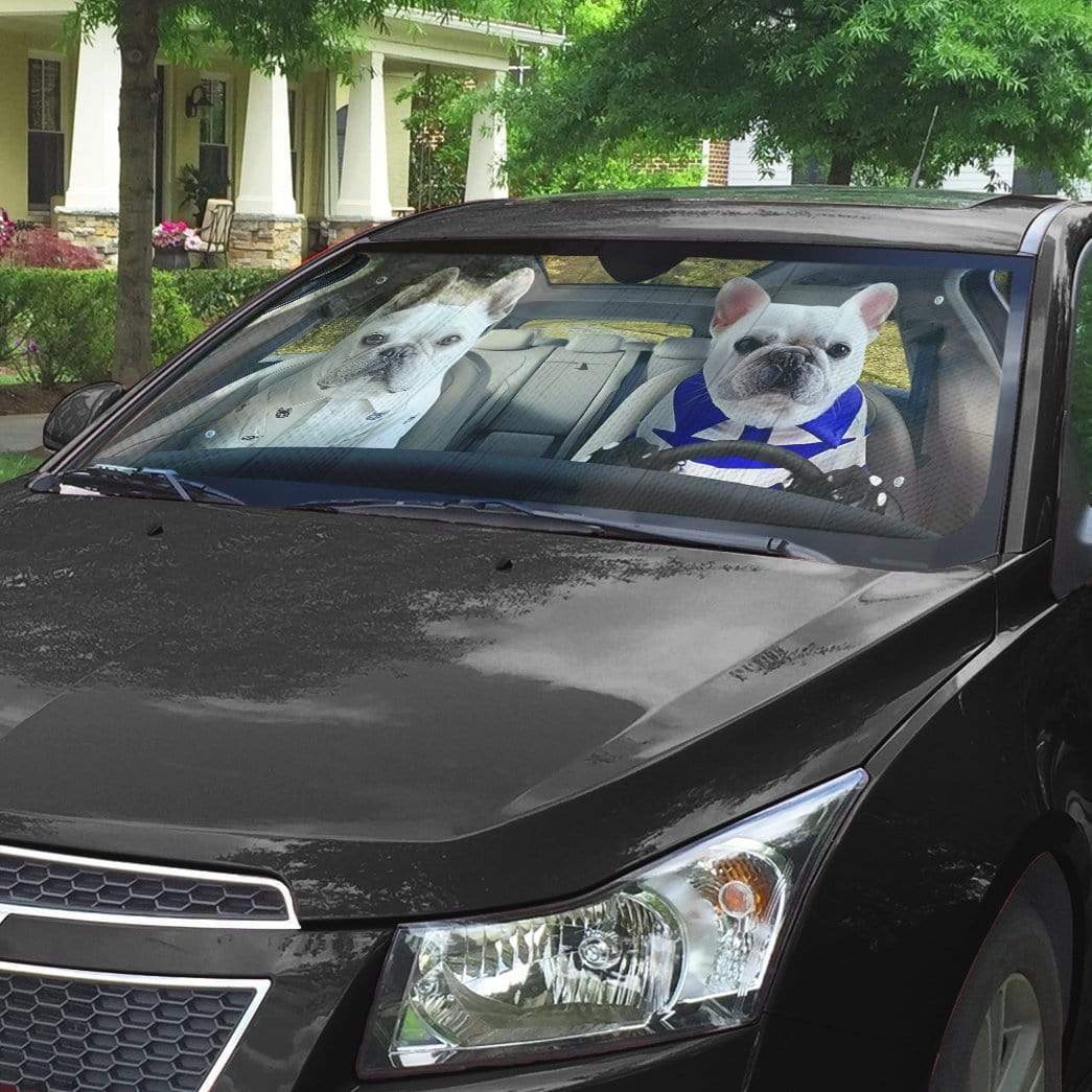 Gearhumans 3D Love Couple White French Bulldog In Car Custom Car Auto Sunshade