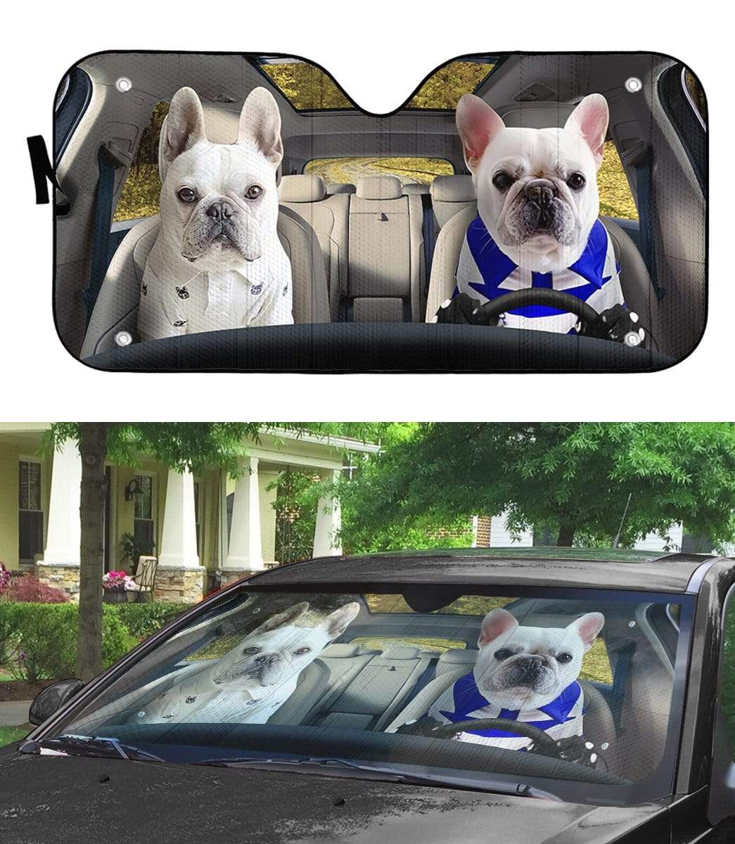 Gearhumans 3D Love Couple White French Bulldog In Car Custom Car Auto Sunshade