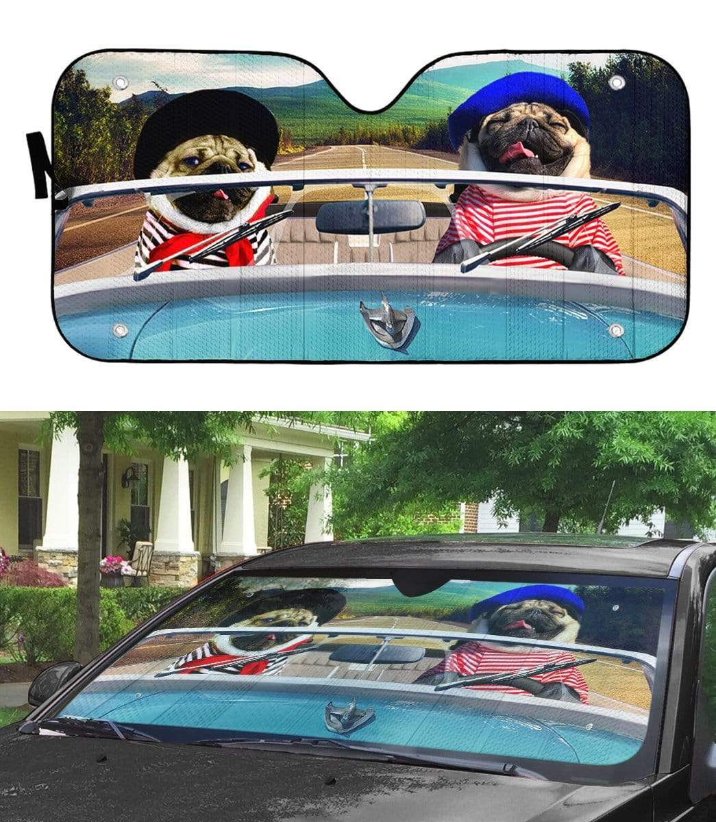Gearhumans 3D Love Pugs Driving Roadster Custom Car Auto Sunshade