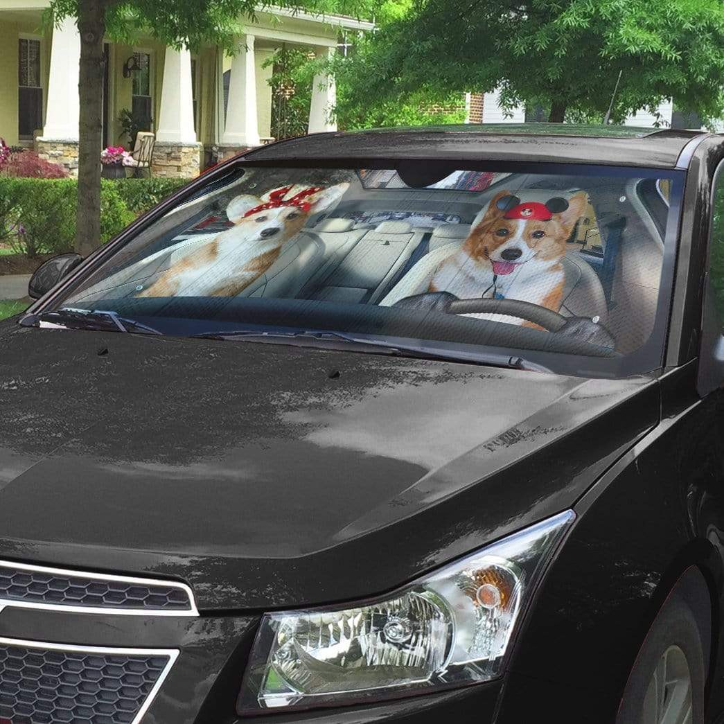Gearhumans 3D Lovely Couple Corgi Dogs In Car Custom Car Auto Sunshade
