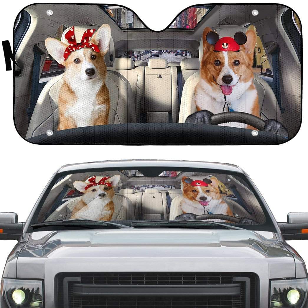 Gearhumans 3D Lovely Couple Corgi Dogs In Car Custom Car Auto Sunshade