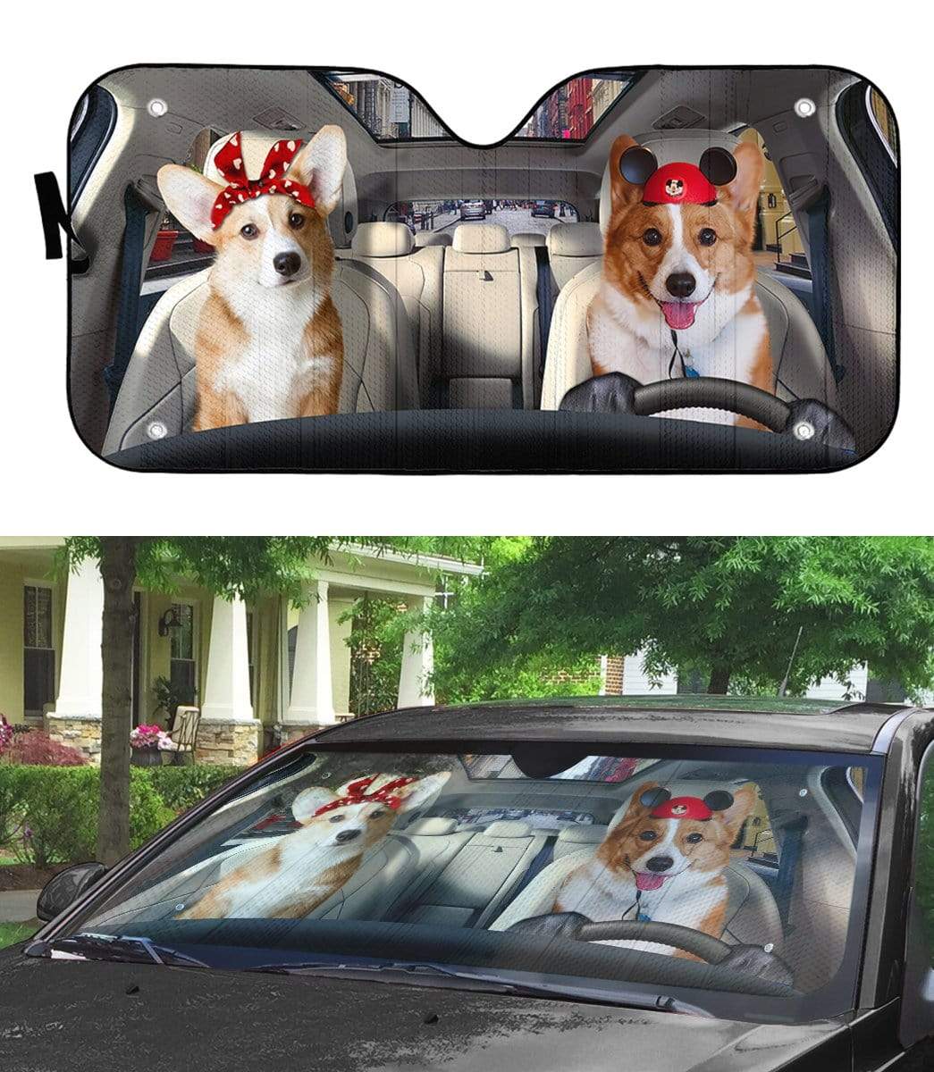 Gearhumans 3D Lovely Couple Corgi Dogs In Car Custom Car Auto Sunshade