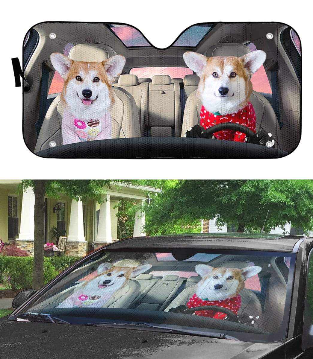 Gearhumans 3D Lovely Couple Pembroke Welsh Corgi Dogs Custom Car Auto Sunshade