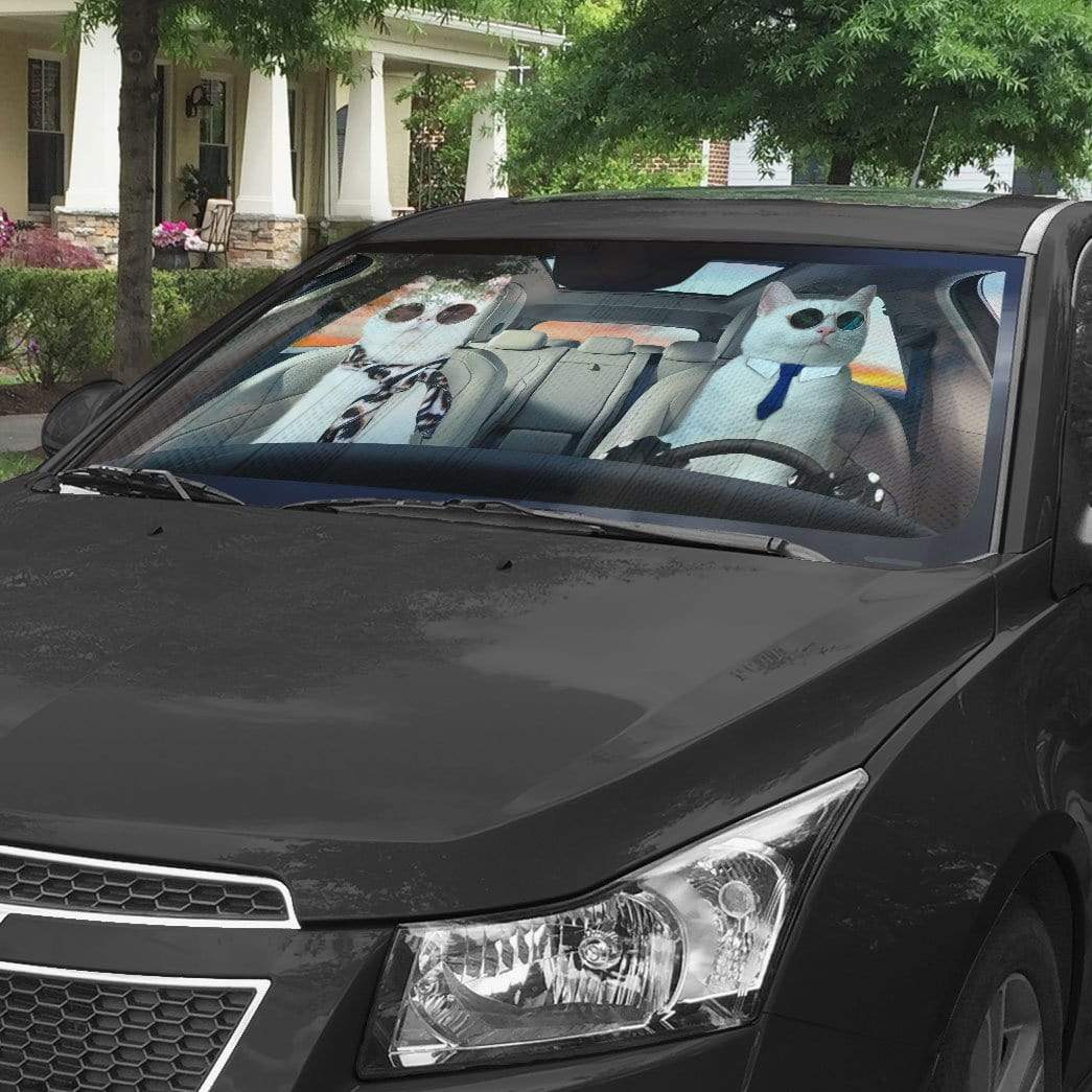 Gearhumans 3D Lovely Couple White Cats Custom Car Auto Sunshade
